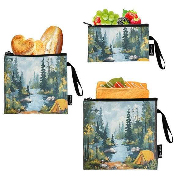 Haosy 3 Pack Reusable Ziploc Bags BPA Free Healthy Food Storage Bag Leakproof Sandwich Snack Freezer Bags Camping in Forest