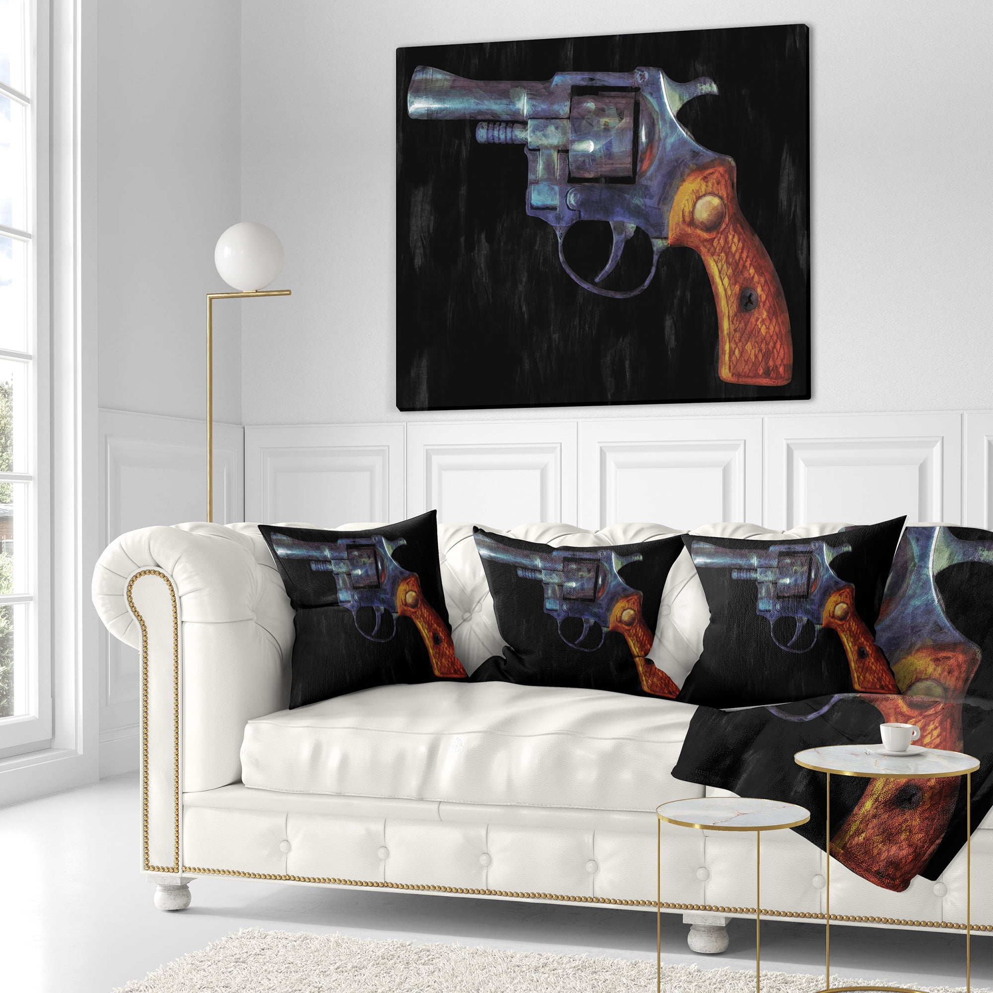 Designart Retro Revolver - Vintage Revolver Painting Throw Pillow - 16x16