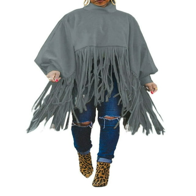 Women Sweat à Franges Couleur Unie Col Haut Manches Longues Poncho à Franges Pull Ample