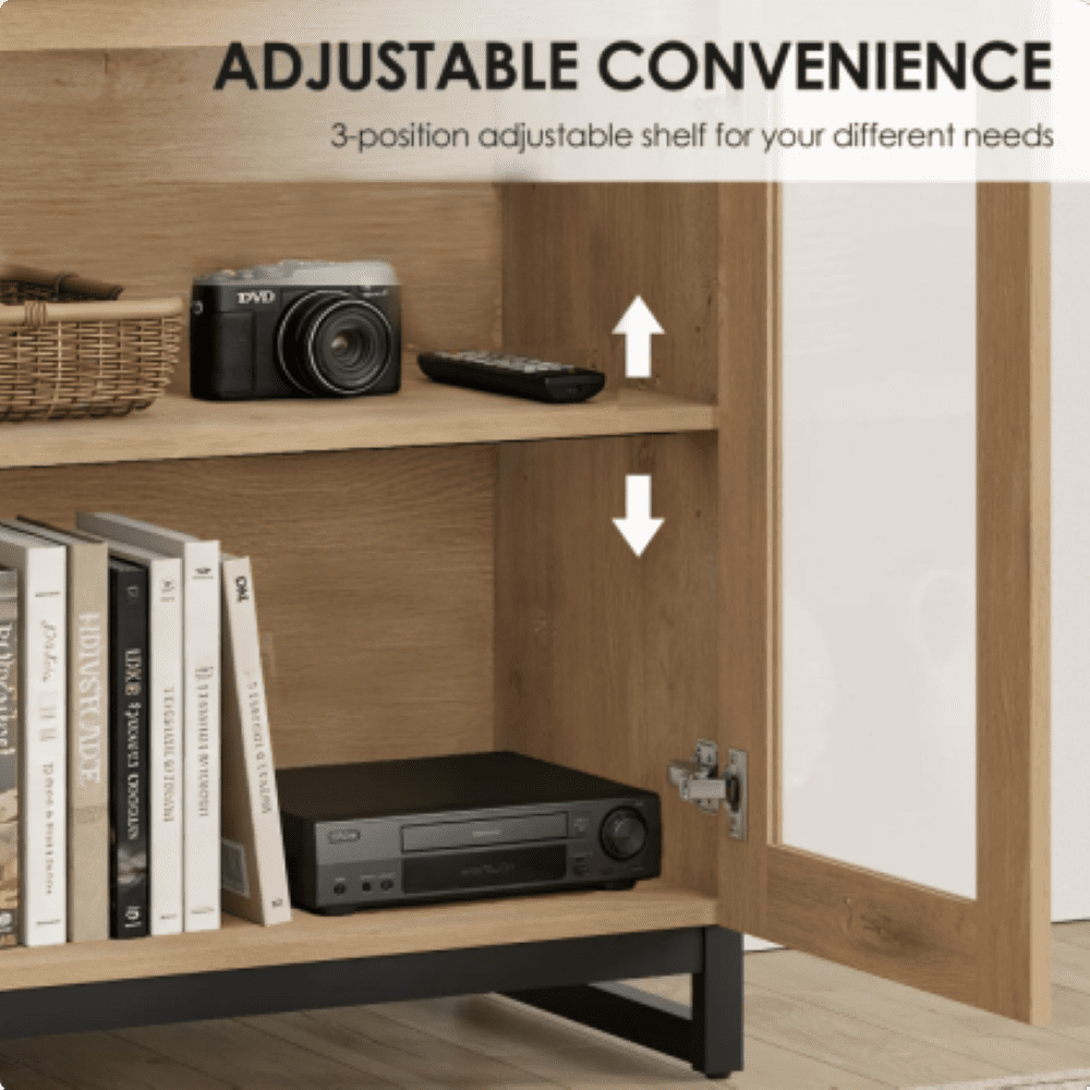 Modern TV Stand For Tvs Up To 120 Inches, 4 In 1 TV Console With Glass Doors And 2 Drawers, Media Console With Adjustable Shelf For Living Room,Oak