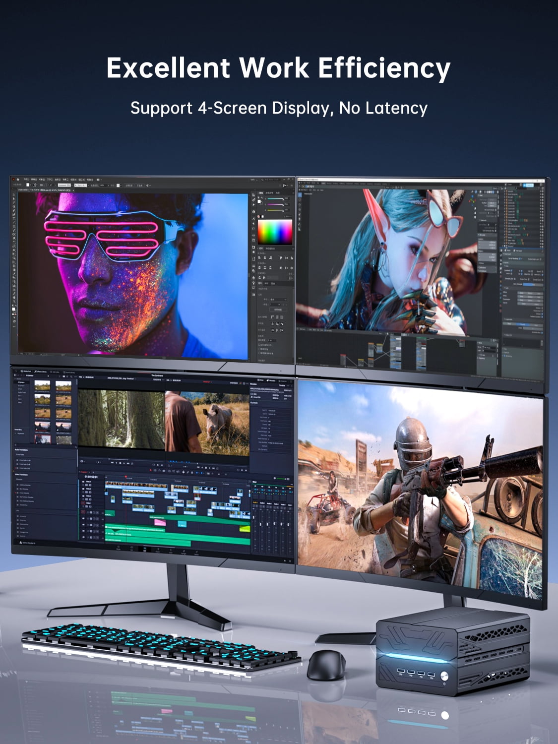 Thdeukoty Mini Gaming Pc Core i9-14900F(24C, 32T) 64GB RAM 4TB SSD, Desktop Computer with RTX 5060Ti 16G, WiFi 7, BT5.4, RJ45 Port, Quad Display for Gaming/Design/Office
