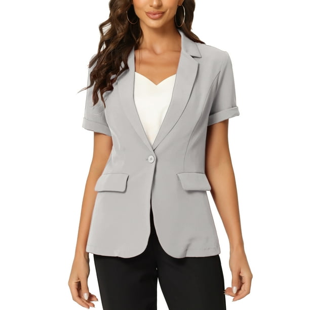 Blazer de mujer INSPIRE CHIC con solapa de muesca, un botón, manga corta, chaqueta de traje gris XS