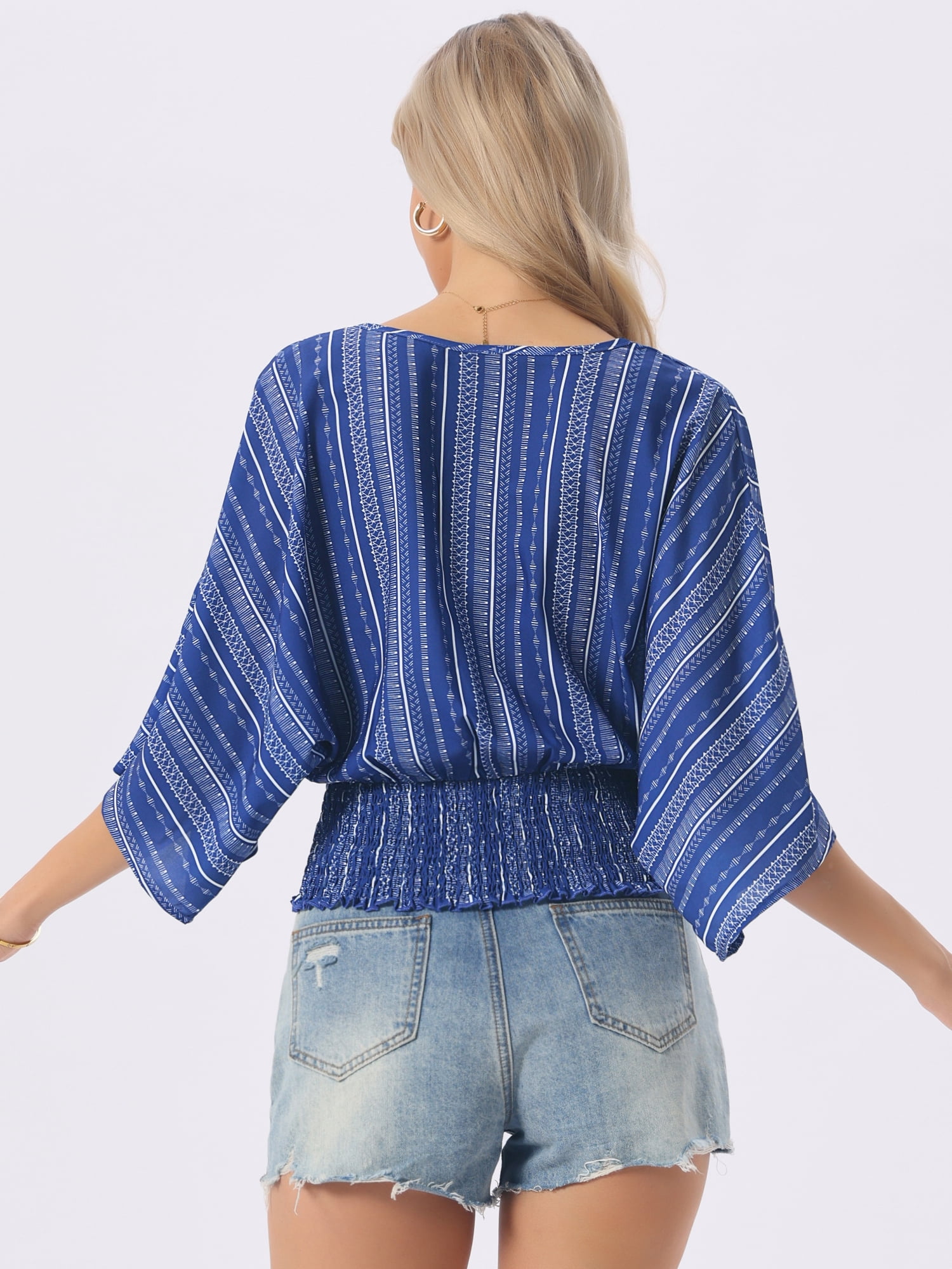 DARING DIVA Women's V Neck Chiffon Smocked Batwing Blouses L Royal Blue