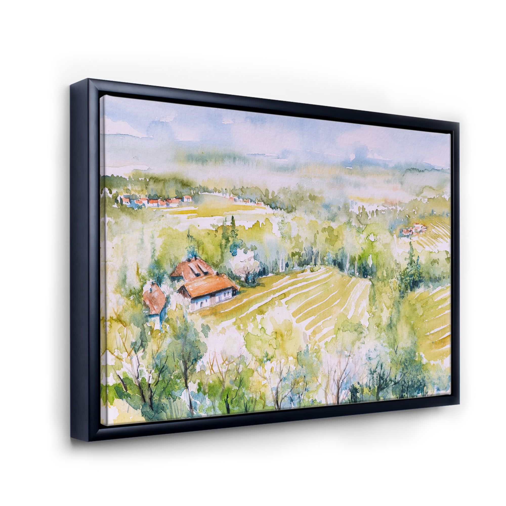 Designart 'Abstract Blossoming Green Fields In Countryside ' Country Framed Canvas Wall Art Print