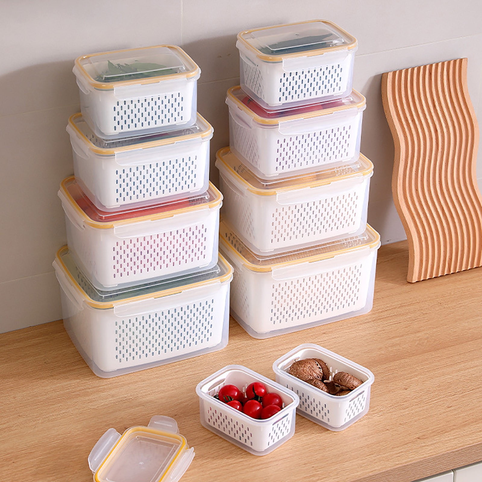 Refrigerator Food Storage Container Kitchen Multi Layer Plastic Organizer with Lid Portable Produce Keeper Set of 1