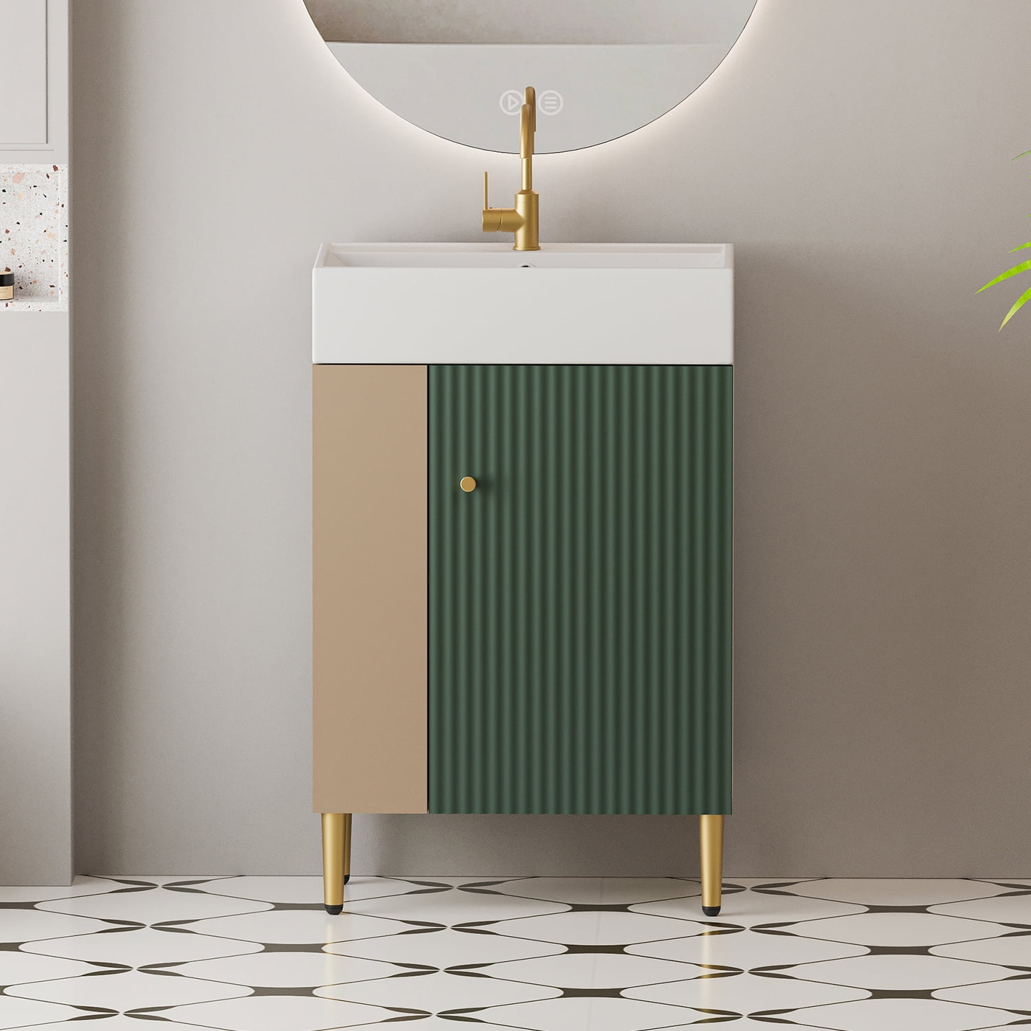 Demi Bonn 21" Bathroom Vanity with Ceramic Sink and Soft-Closing Door, Cloakroom Open Shelf Storage Cabinet on the Left Side, Faucets and Drains Not Included, Green