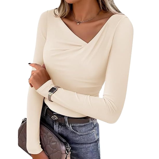 Camisa de Capa Base de Cuello en V de Color Sólido Casual de Manga Larga de las Mujeres con Poliéster Suave, Blusa de Manga Larga de Moda para Otoño Invierno Diario
