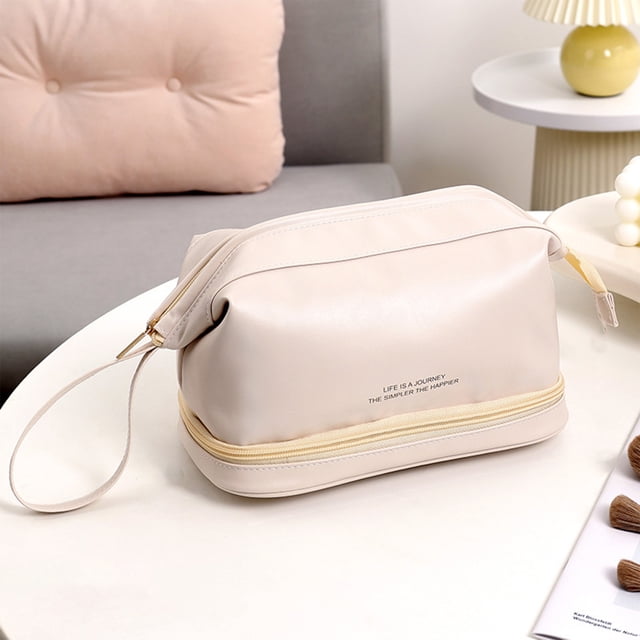Neceser de viaje de gran capacidad y doble capa para mujer | Organizador de cosméticos y artículos de tocador de piel sintética | Estuche de maquillaje portátil e impermeable para la escuela, el