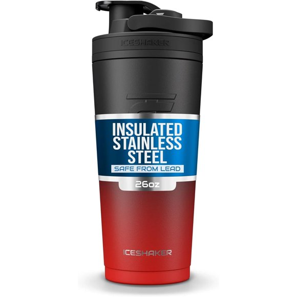 Ice Shaker Insulated Stainless Steel Shaker Bottle | 26oz, Red/black | Cold for 30+ Hours | Insulated Cup with Twist-on Agitator | Odor-Free Bottle for Protein Shakes, Water, Smoothies, Cocktails