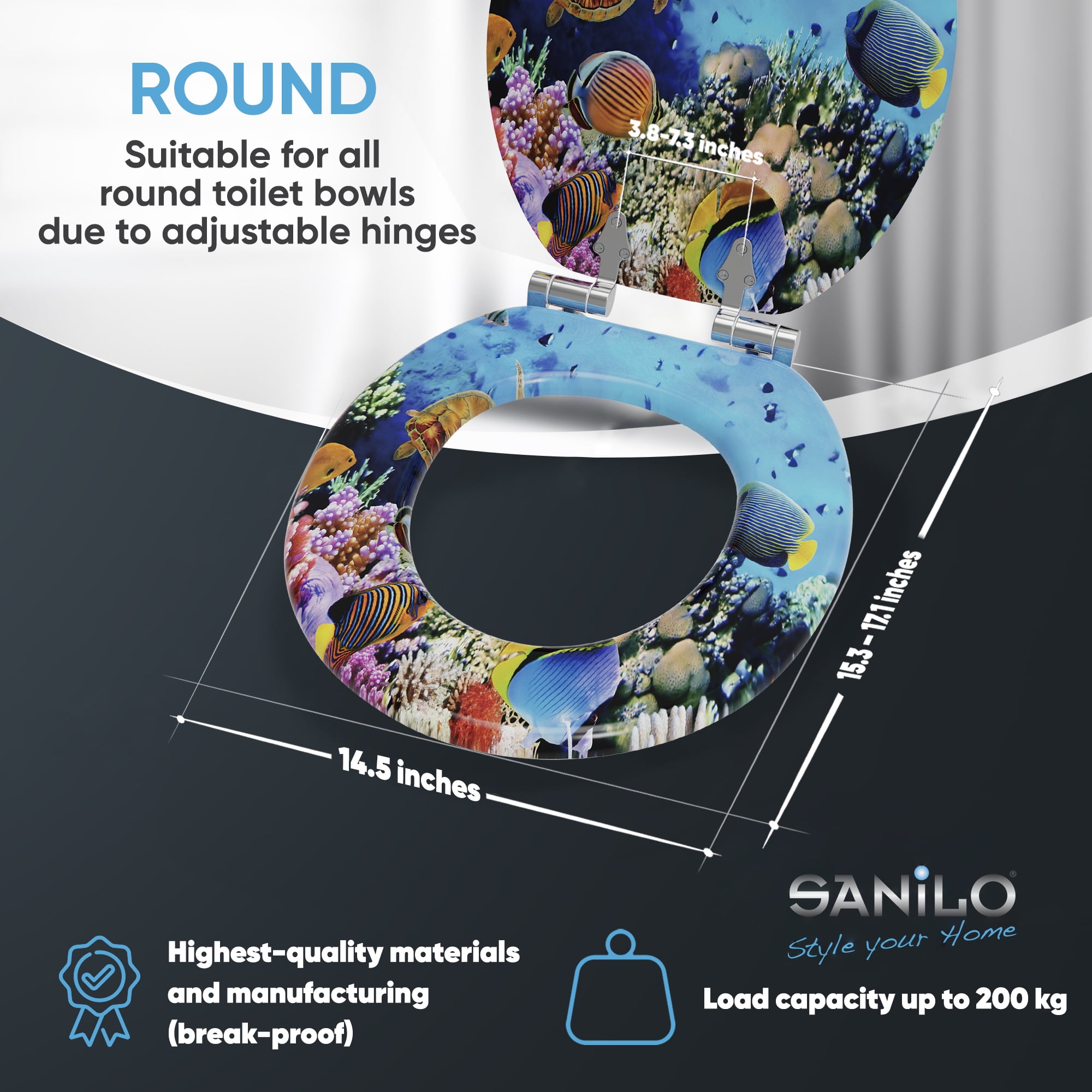 Sanilo Soft Close Toilet Seat ROUND, Quiet and Slow Close Lid and Seat, Strong Bumpers and Hinges, Ocean