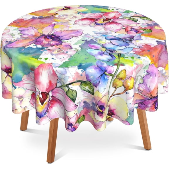 Floral Round Tablecloth 60 inch,Orchid Flower Watercolor Circle Table Cloth Polyester Waterproof Stain Wrinkle Free Table Cover for Home Kitchen Dining Party Pinic Patio Outdoor Decor