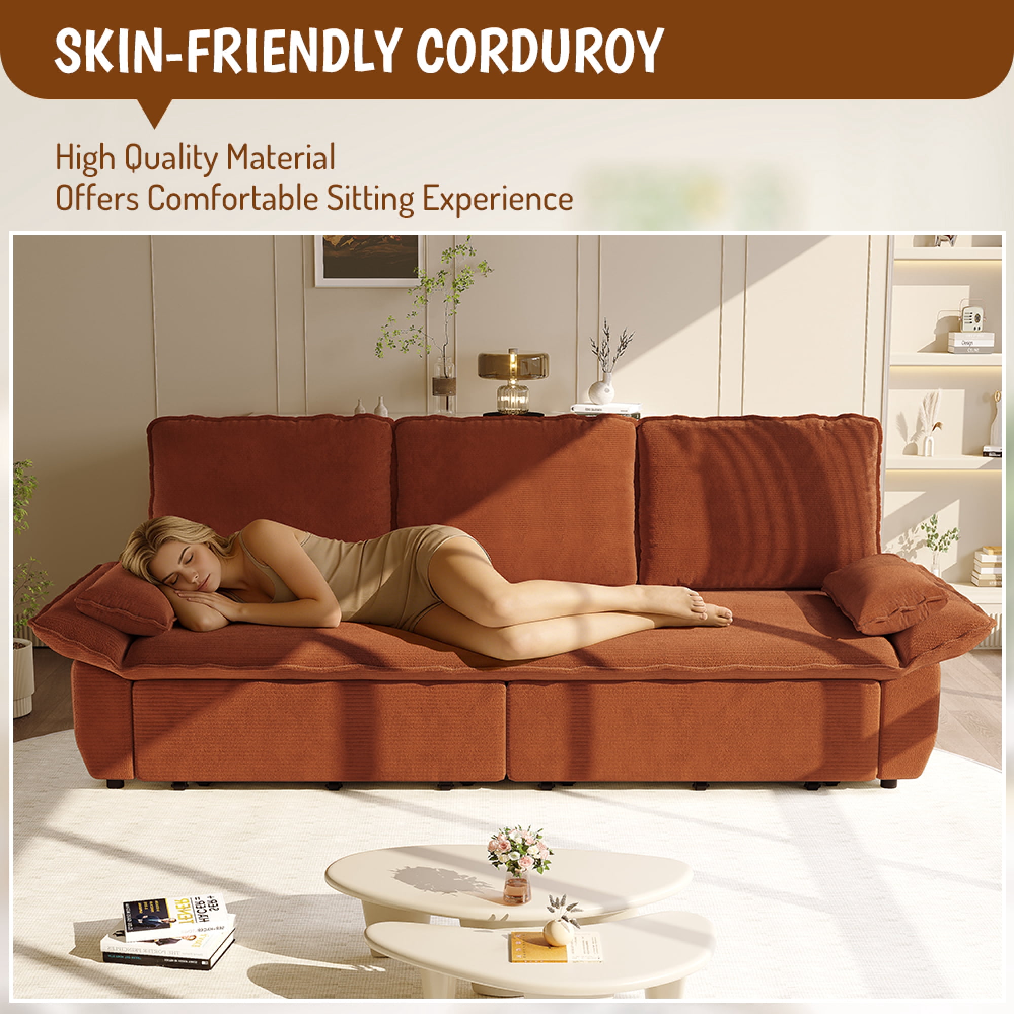 Leumius 94.5" Pull Out Sofa, King Size 3-in-1 Convertible Sleeper Sofa Bed, Multi-Functional Corduroy Bed for Living Room Bedroom Orange