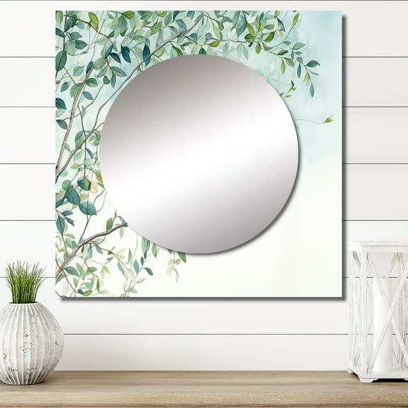 Designart "Minimalistic Scenery Of Green Leaves II" Leaves Square Mirror For Wall Decor - Large Green Square Mirror Printed Wall Decor - Traditional Square Living Room Mirror