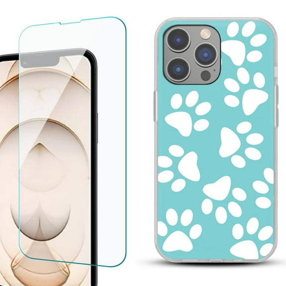 OneToughShield ® for iPhone 15 Pro Max Shockproof Fashion Phone Case, with Tempered Glass Screen Protector - Pet Paw / Teal