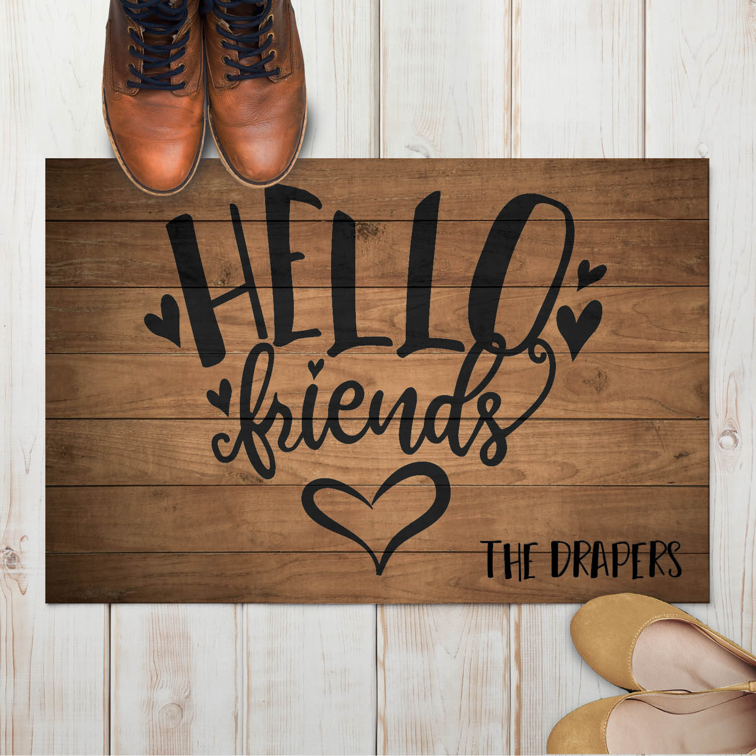 Personalized Planet 27x18 Hello Friends Doormat with Custom Family Name Printed on Brown Rectangular 1/8” Thick Non Slip Mat with Heart Design for Kitchen Hallway Deck or Porch