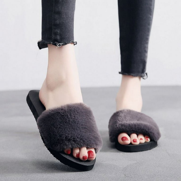 Women's Furry Slides Faux Fur Slides Fuzzy Slippers Fluffy Sandals Outdoor  Indoor 