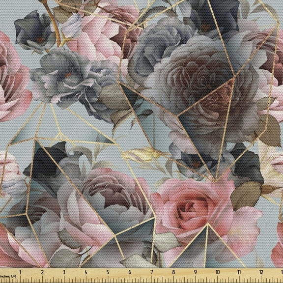 Ambesonne Geometric Fabric by the Yard Upholstery, Modern Polygonal Blossoms, 1 Yard, Pale Pink Dark Sea Green