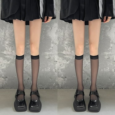 2Pairs Lolita Solid Color Summer Thin Transparent Silk Socks Women Calf Jk Girls Nylon Breathable Mid Calf Socks Female Hosiery 2 Black 35-39
