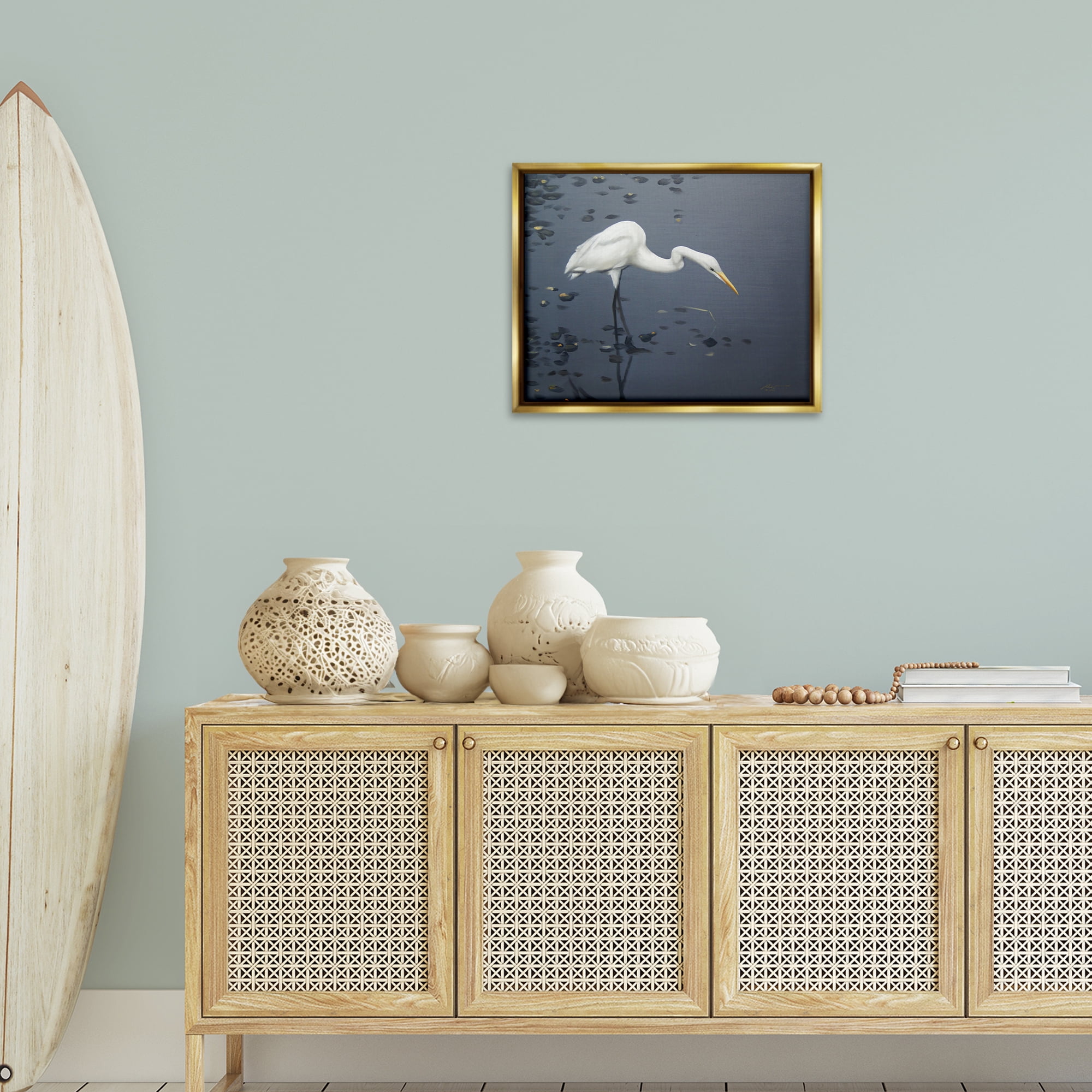 Stupell Industries Graceful Egret in Lake Animals & Insects Painting Gold Floater Framed Canvas Art Print Wall Art, 21 x 17