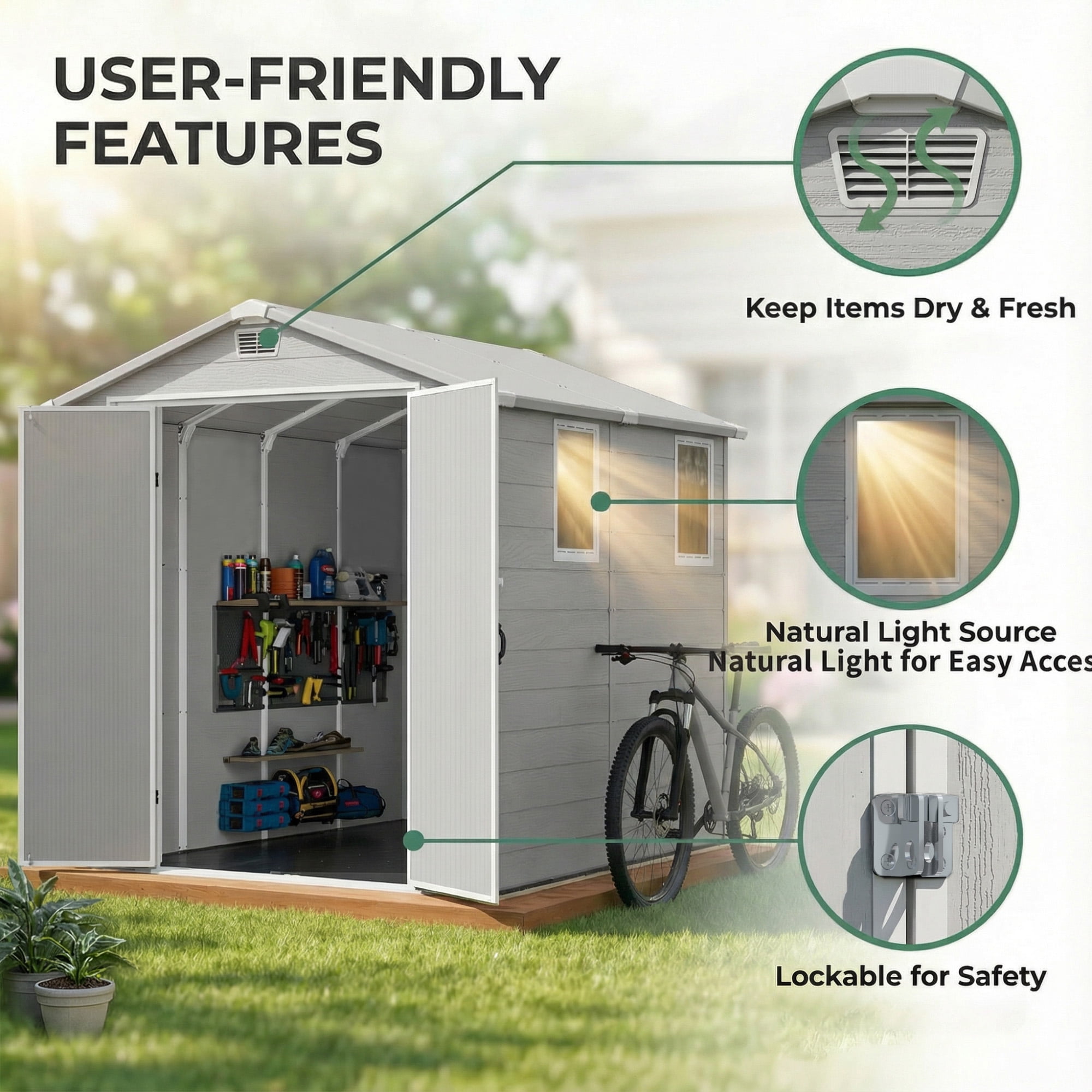 Homall 6x8ft Outdoor Resin Storage Shed with Window,Weather-Resistant, Easy Assembly, Wood-Effect Outdoor Shed for Garden & Tool Storage ,Light Gray