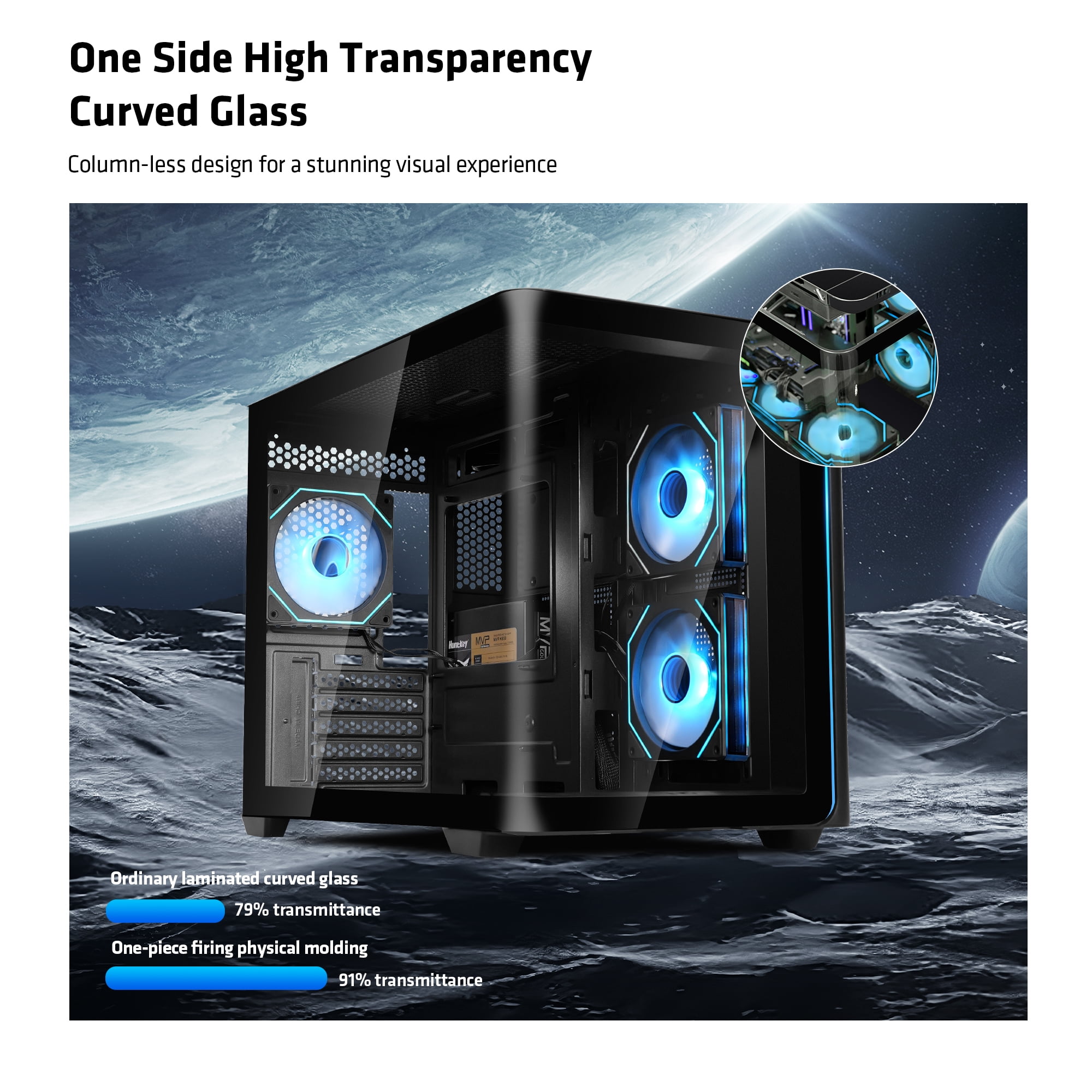 YEAH MAGIC Biforst MATX PC Gaming Case ARGB Full Clear-Side High-Airflow Light Strip Sturdy One-Piece Curved Glass With 3 ARGB Fans Mid-Tower Art Computer Chassis Striped Rainbow Lamp Black