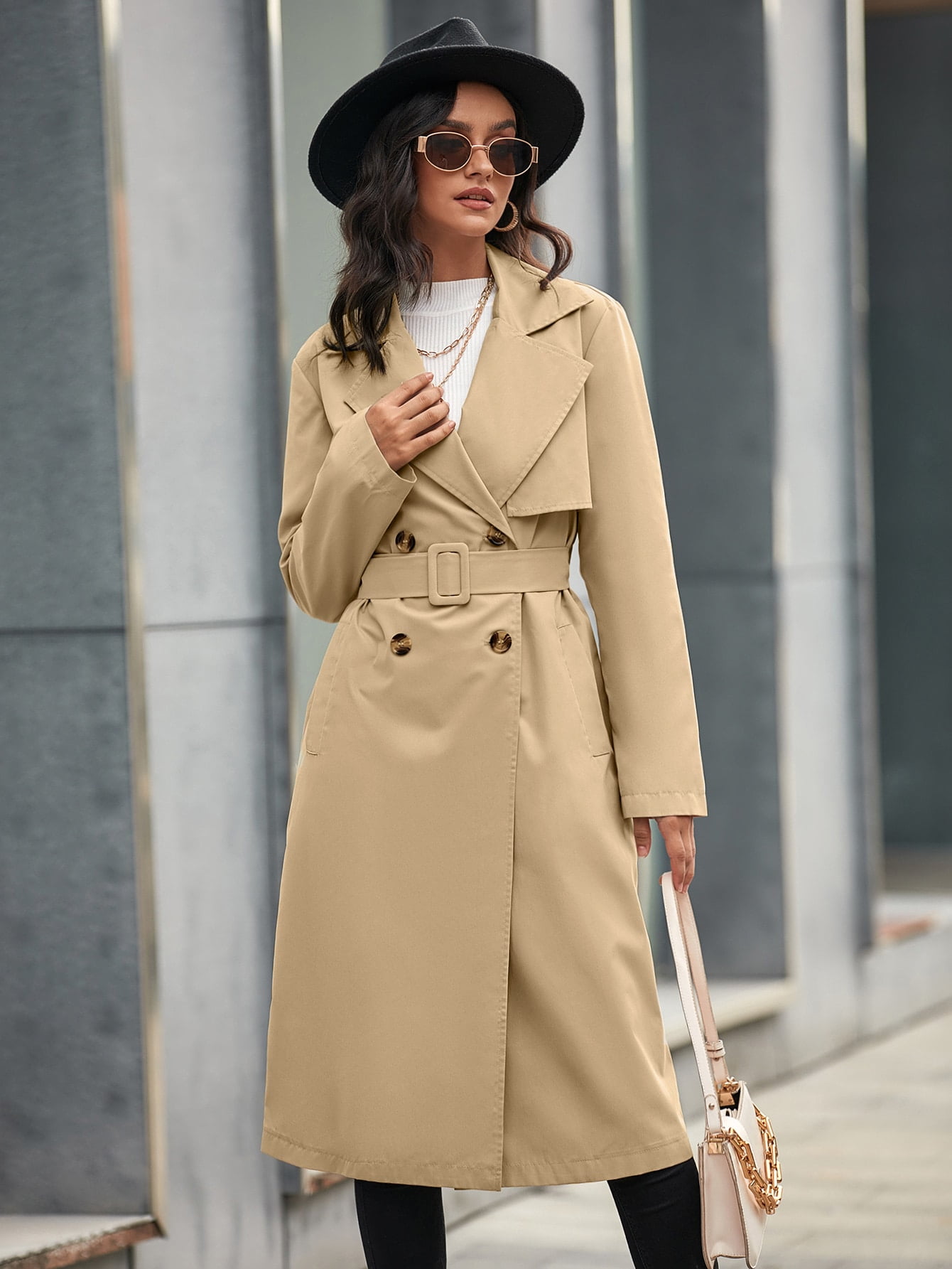 Women Slim Fall Double Breasted Lapel Belted Trench Coat Jacket 
