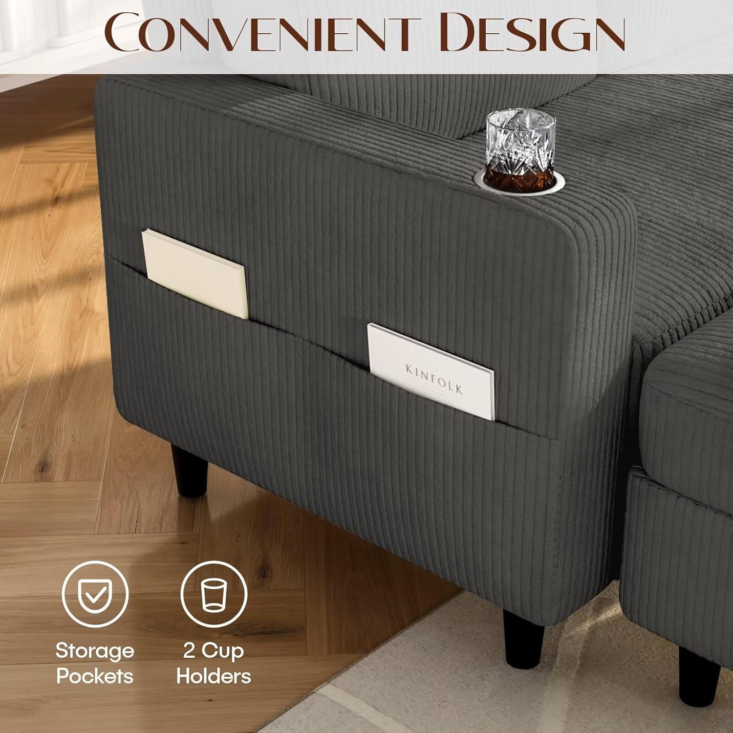 Modern L-Shaped Sectional Sofa with Storage Ottoman and 2 Cup Holders, Convertible 3-Seater Corduroy Couch with Side Pockets for Small Apartments, Living Rooms, and Offices, Dark Gray