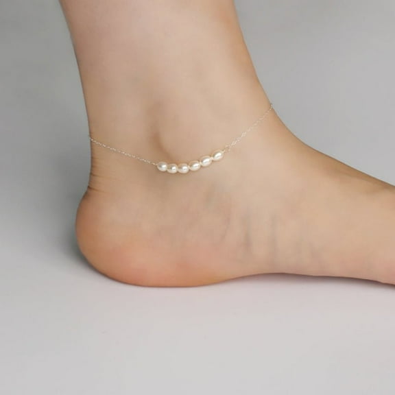 Freshwater Pearl Anklet with S925 Sterling Silver Chain, Dainty Wedding Anklet