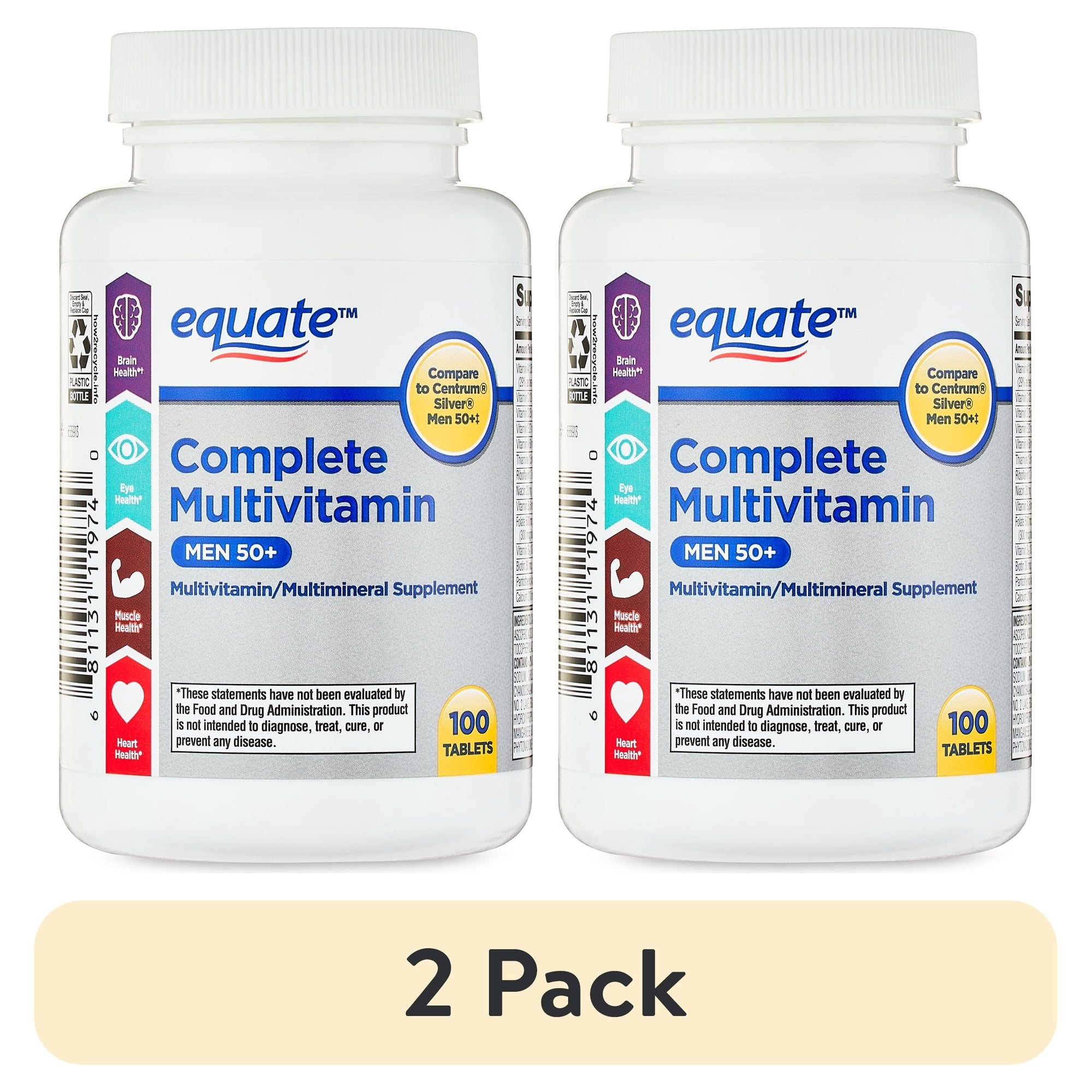 (2 pack) Equate Complete Multivitamin/Multimineral Supplement Tablets, Men 50+, 100 Count, Compare to Centrum® Silver® Men 50+