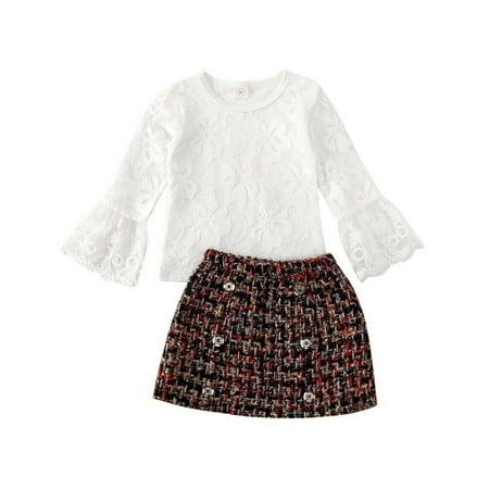 Toddler Baby Girl Clothes Ruffle Long Sleeves Floral Lace Blouse Top Plaid Button Brown Knit Mini Skirt Outfit Set