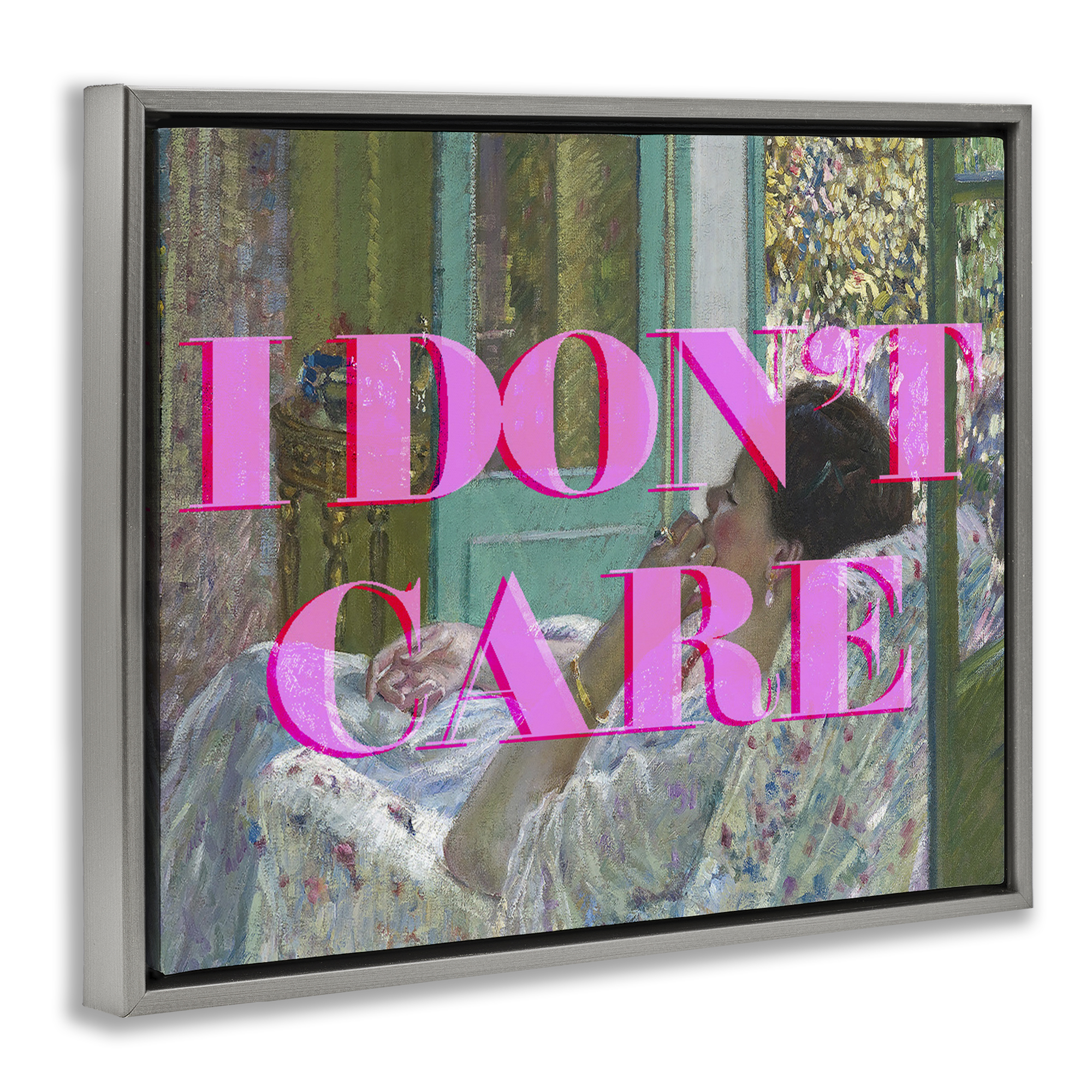 I Don't Care over Classic Painting Gray Framed Floater Canvas Wall Art, design by Lil' Rue