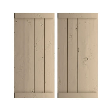 Ekena Millwork 22"W x 54"H Rustic Four Board Joined Board-n-Batten Knotty Pine Faux Wood Shutters w/End Batten (Per Pair), Primed Tan