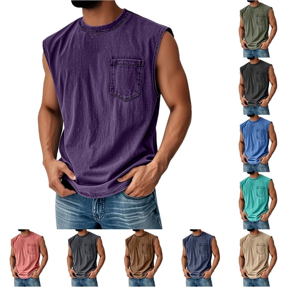 FINALGANG Mens Solid Color Crew Neck Texture Bust Pocket Sleeveless Loose Fit Vintage Soft Summer Street Daily Casual Pullover Tank Tops Versatile Top M
