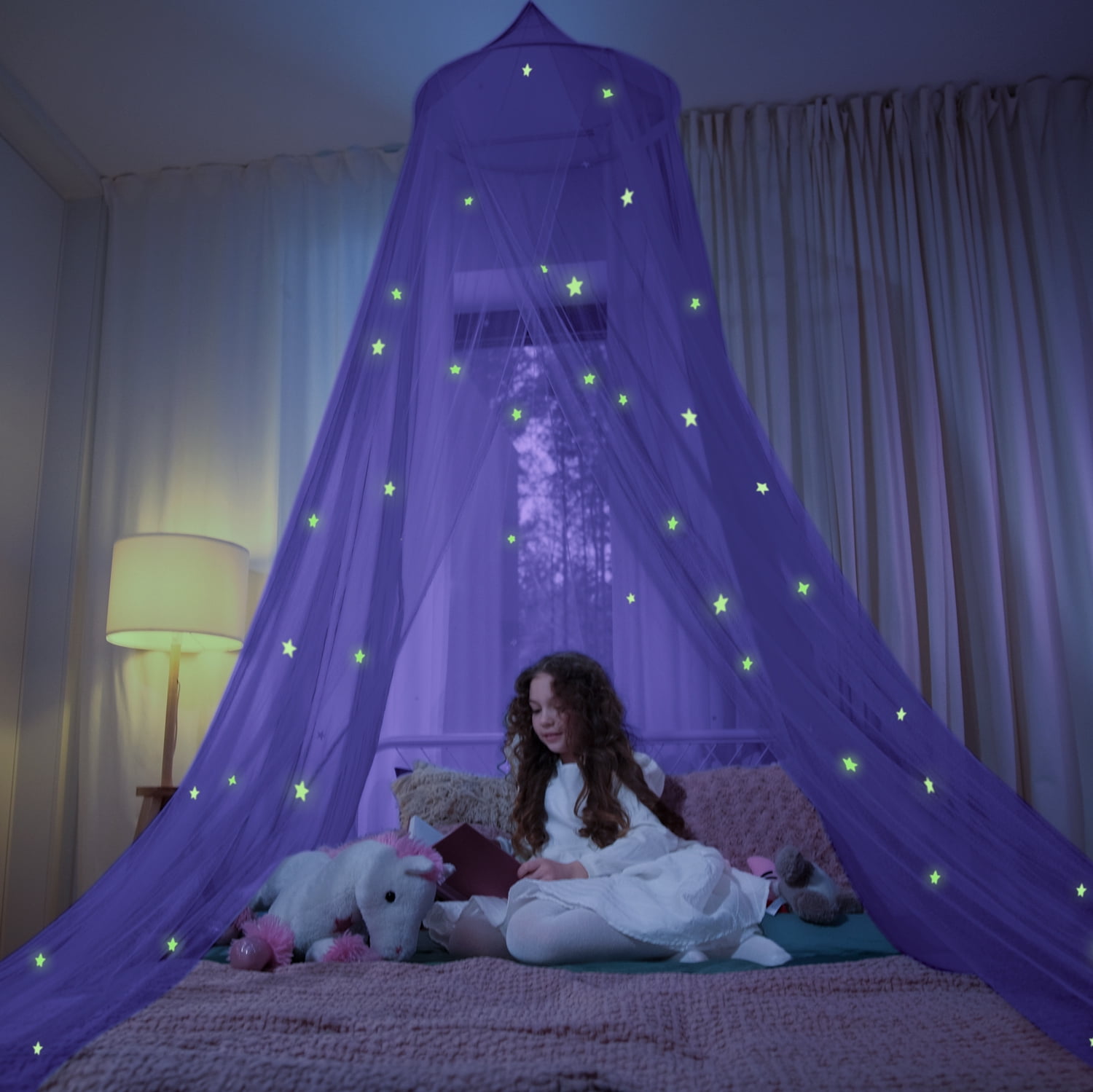 Bollepo Bed Canopy for Girls with Glowing Star Room Decor for Standard Bed Size Child Canopy Purple