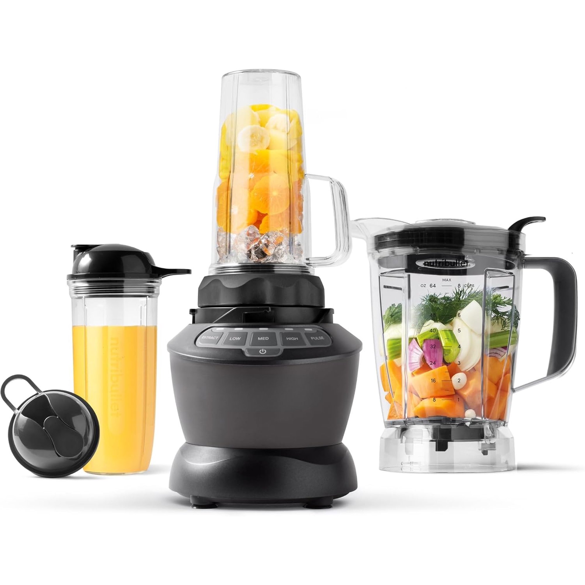 Full-Size Blender Combo, Single-Serve & Large Capacity, 1200W, 64oz Pitcher, 32oz Cup, Extractor Blade, 3-Speed, Pulse, Smoothies, Soups, Sauces, Easy Cleaning, Dark Gray, NBF50500