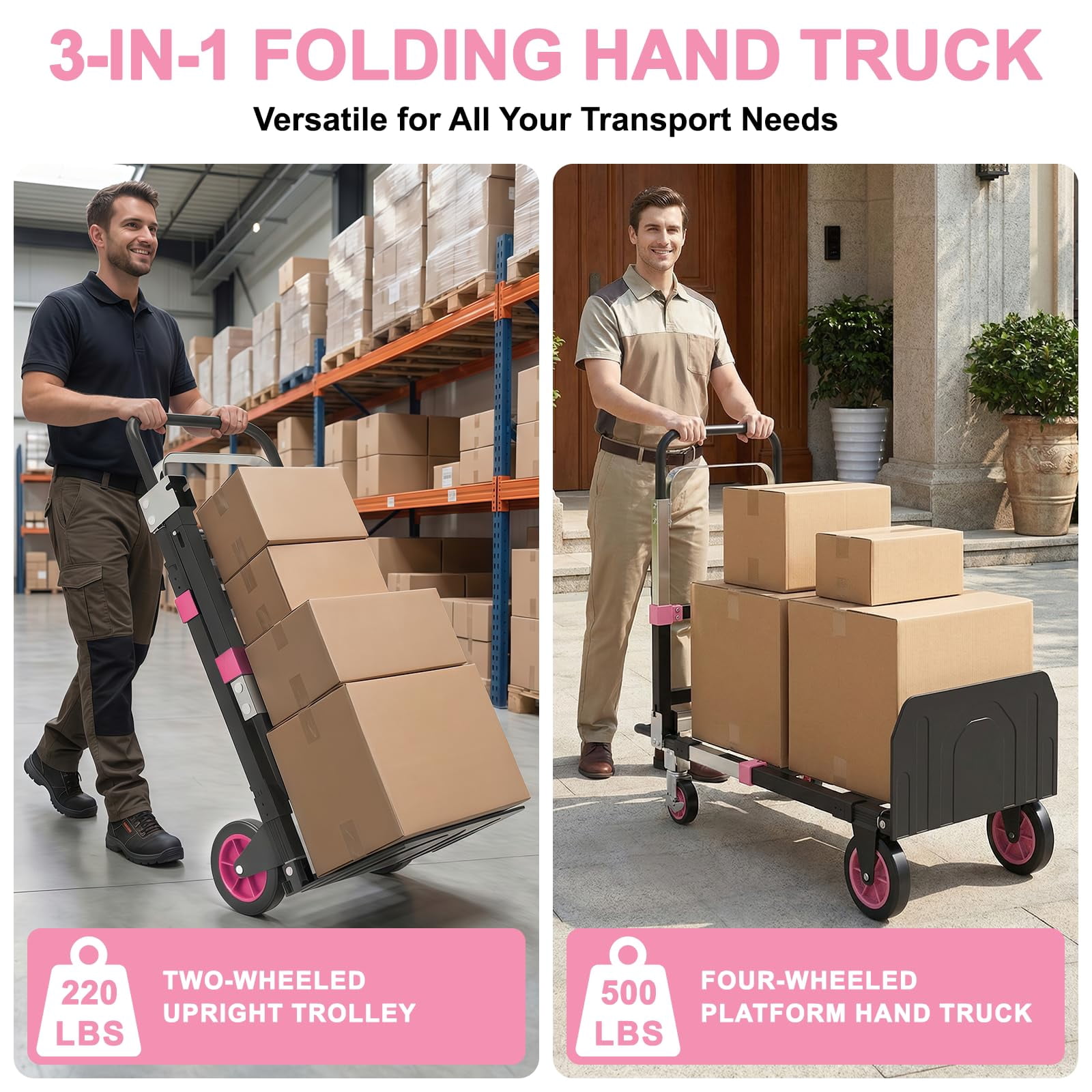 Yacona 3-in-1 Folding Hand Truck, Foldable Dolly Cart with Wheels Heavy Duty, Convertible Hand Cart for Moving with Retractable Handle, Pink