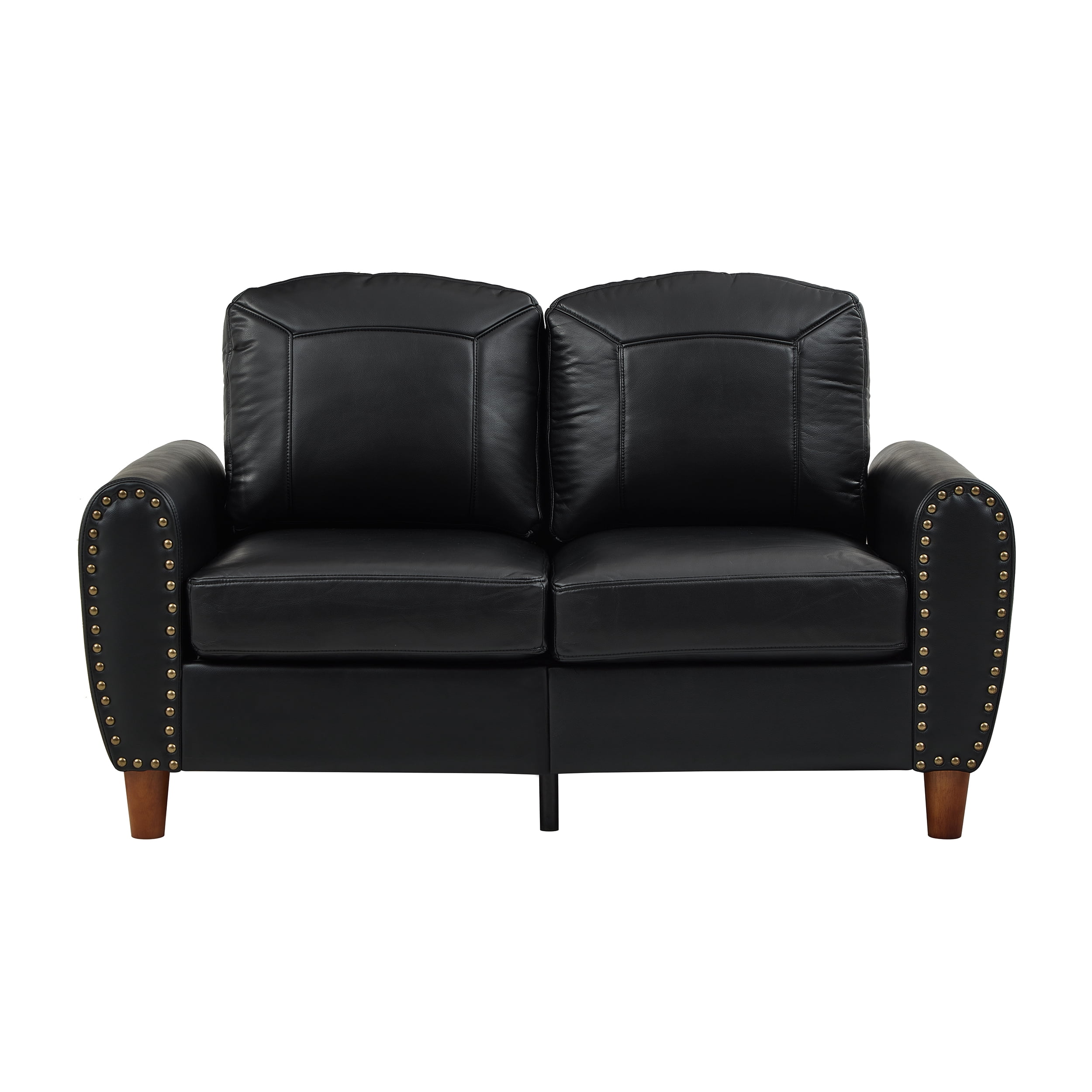 Mid-Century Modern Faux Leather Loveseat Sofa,59"W Classic Rolled Arm 2-Seater Sofa Couch with Brass Nailhead Trim & Solid Wood Legs,Apartment,Living Room Furniture,Black