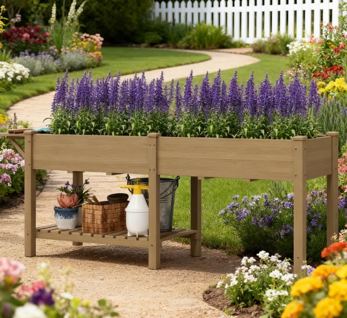 Elevated Garden Bed, Wood Raised Garden Box with Side Table, Bottom Shelf, Bed Liners and Drainage Holes