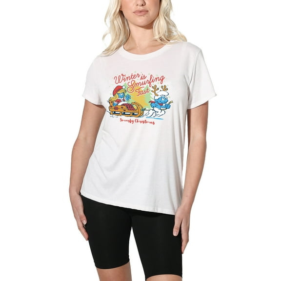 Smurfs Christmas Winter Is Smurfing Fast Smurfette Women's Loose T-Shirt, White, Small