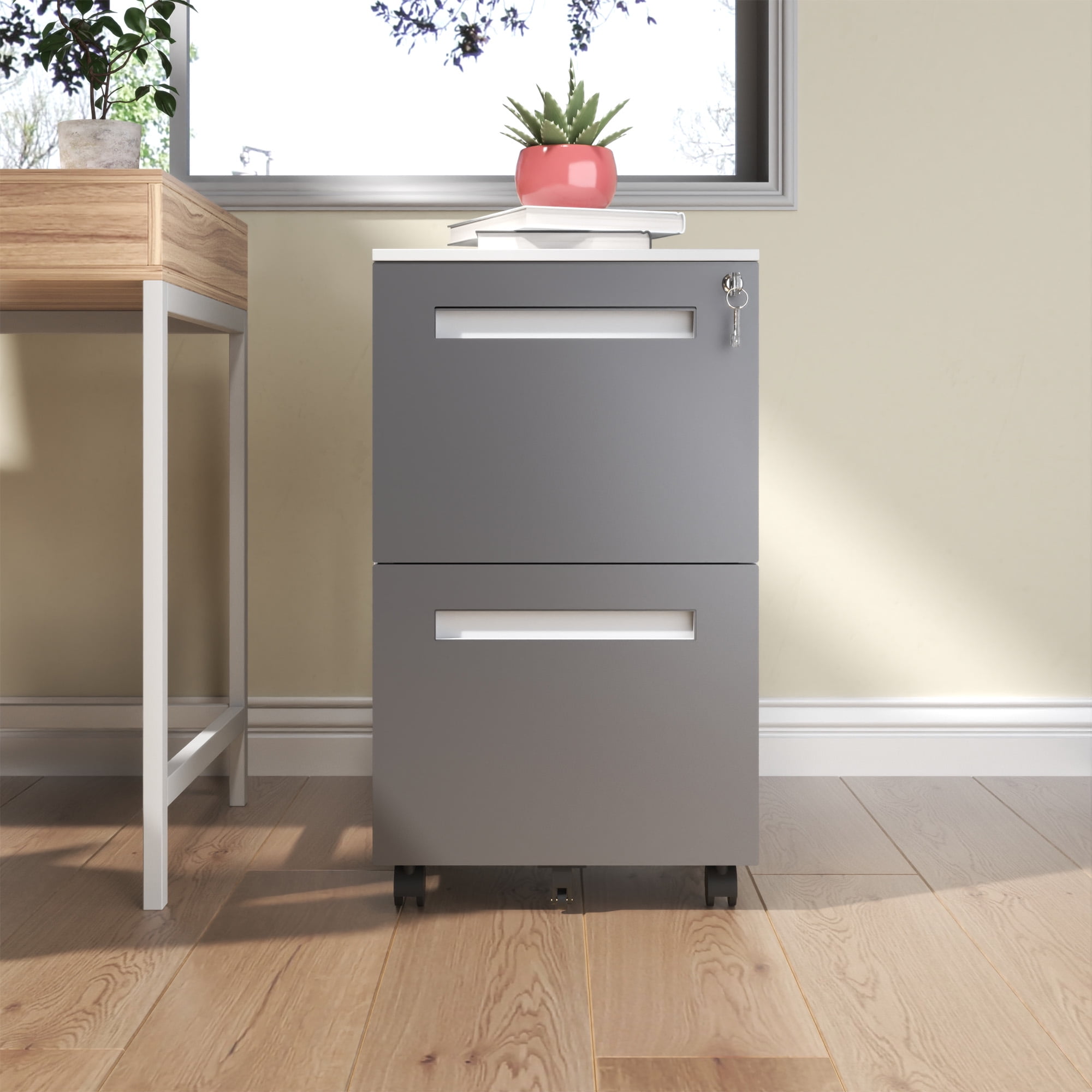 2-Drawer Mobile File Cabinet with Lock, All-Steel Metal Storage Cabinet on 360° Wheels, for Home Office & Commercial Use, Fully Assembled, Holds A4/Letter/Legal Files, 110lbs/Drawer Capacity