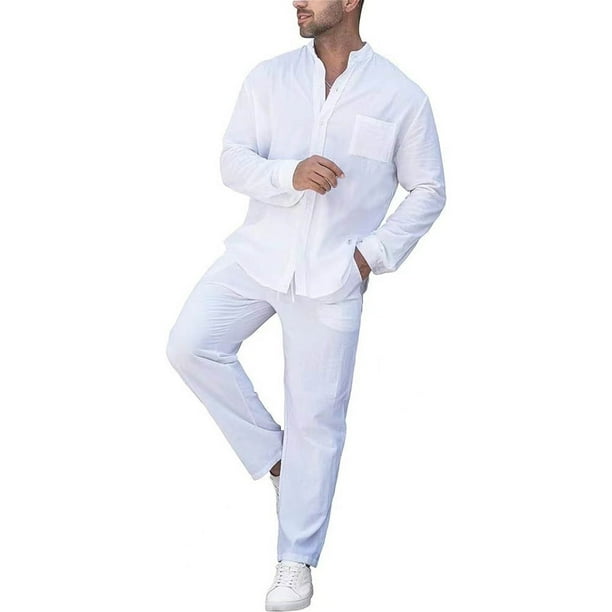 Conjunto de 2 piezas Cagnkofi para hombre, de manga larga, color liso, de algodón y lino, con camisa y pantalones largos, chándales casuales de verano