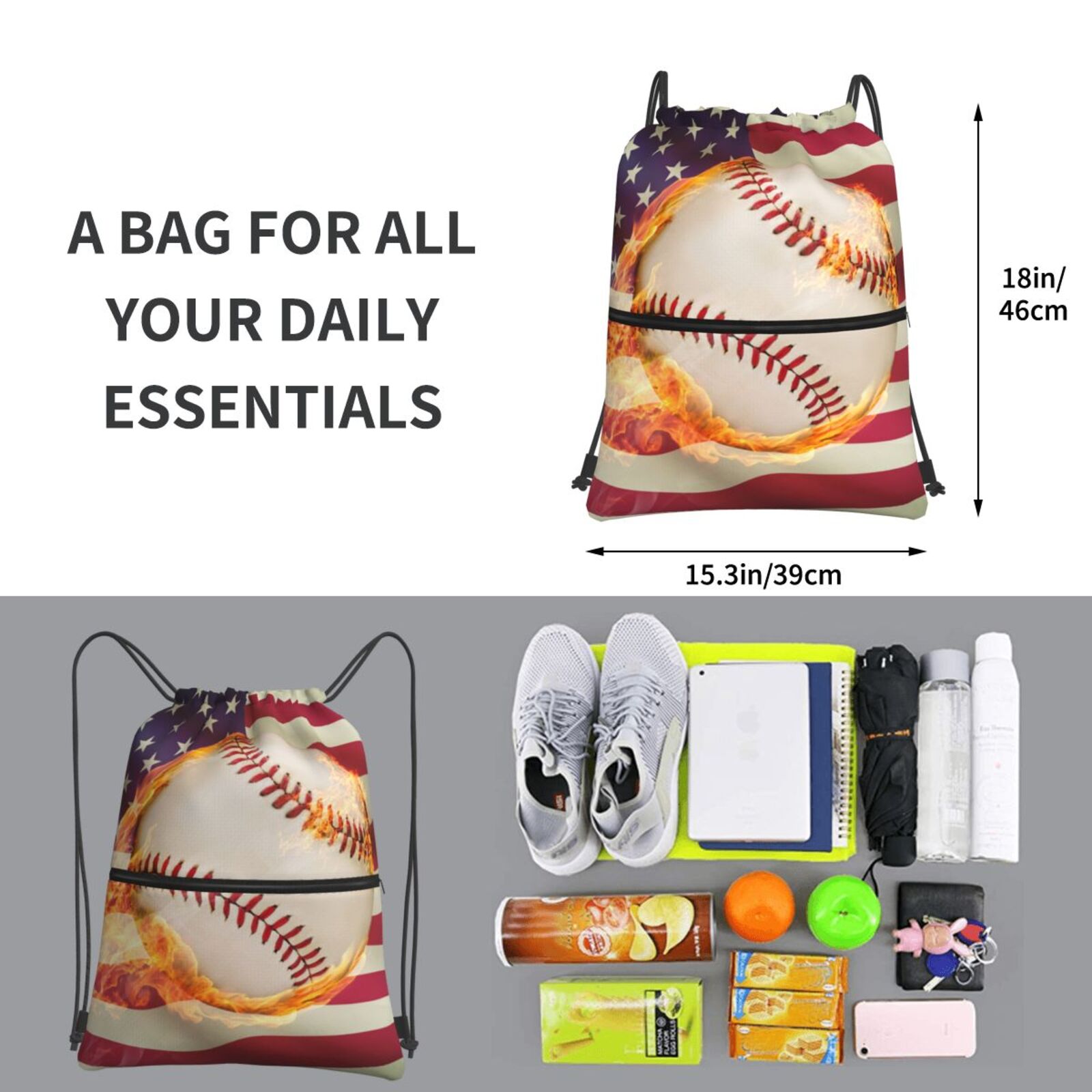 Xecao Baseball Ball With Flag for Drawstring Bags,Pull String Backpack Bags,String Bag Sackpack