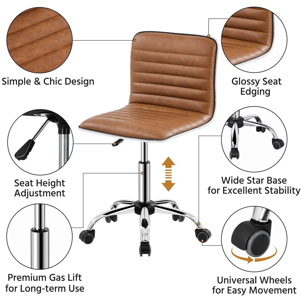 Alden Design PU Leather Armless Desk Chair with Wheels, Retro Brown