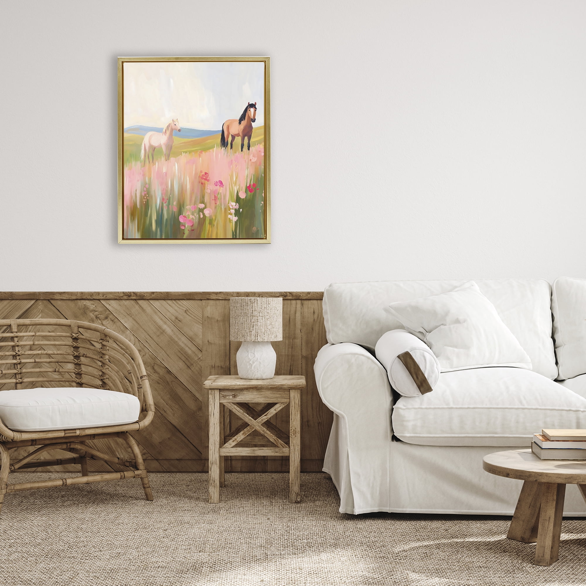 Stupell Industries Wild Horses in Pink Meadow Gold Framed Floater Canvas Wall Art, design by The Prints Vibe
