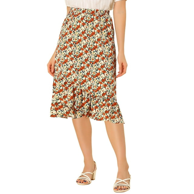 Unique Bargains Women's Floral Fall Elastic Waist Ruffle High Low Hem Vintage Skirt Blue Orange M