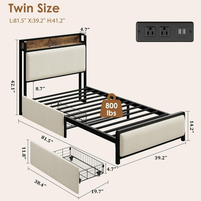 EDTara Twin Size Bed Frame with Storage Headboard, Heavy Duty, No Box Spring Needed, Easy Assembly, Noise Free