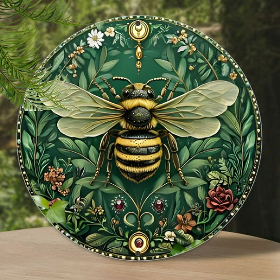 Royal Bee Vintage Metal Sign - Embellished Insect & Botanical Wall Art, 7.8x7.8" Round Poster for Bars, Cafes, Beach Houses & Backyards, Perfect for Room Decor