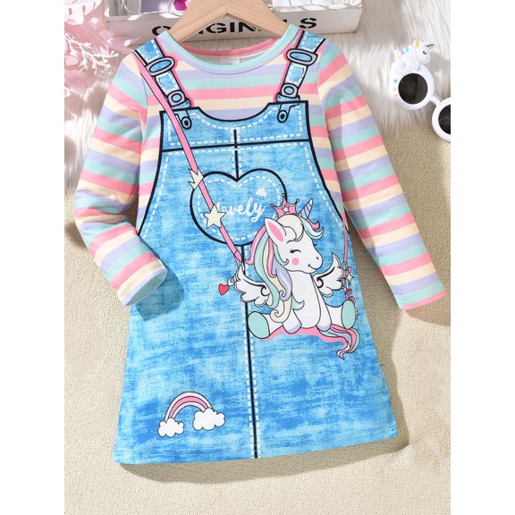 ENFLASH Toddler Girl Long Sleeve Dress Baby Stripe Unicorn Christmas Cotton Casual Playwear One Piece Party Dresses