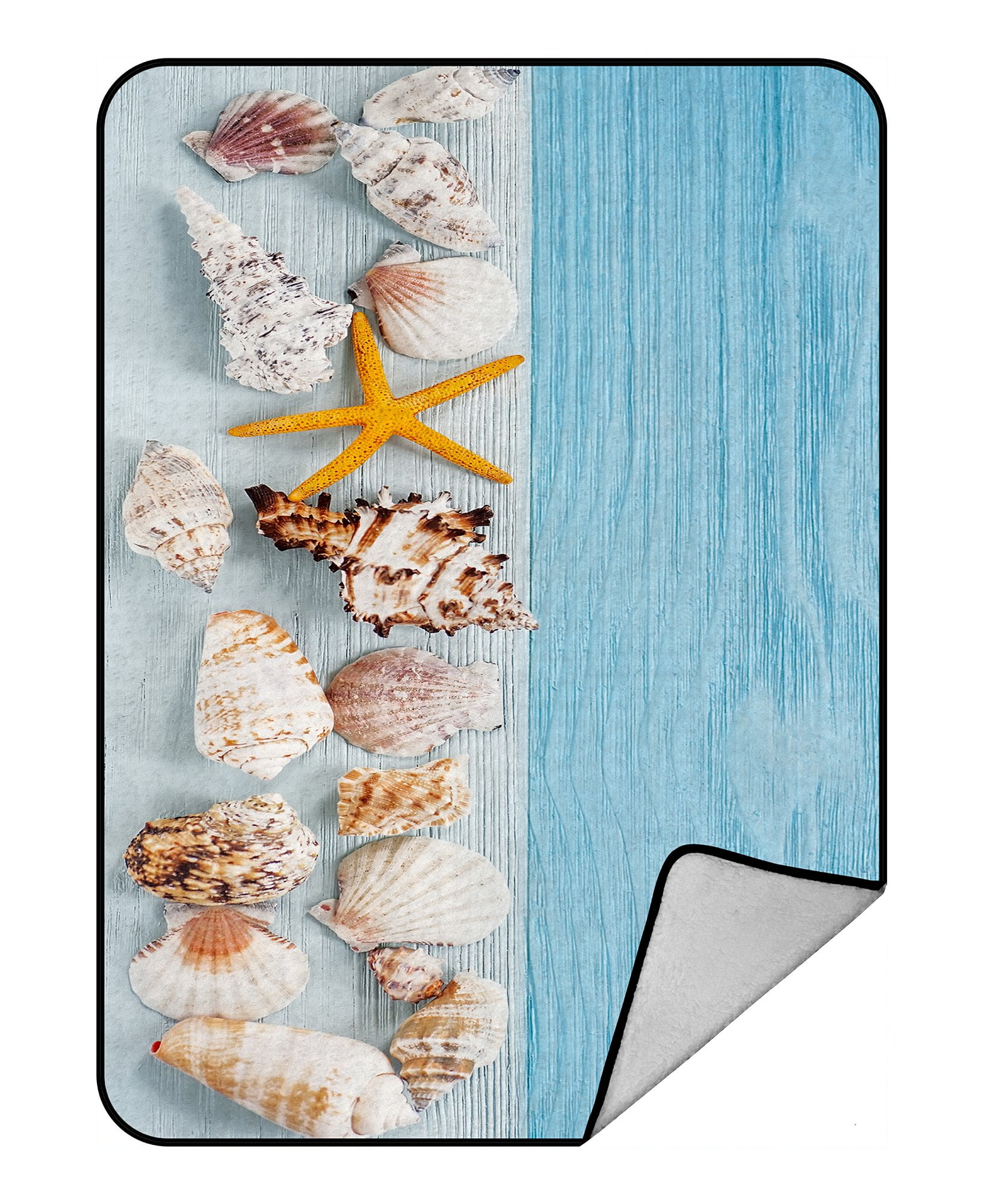PHFZK Ocean Beach Theme Blanket, Starfish and Seashells on Blue Wooden