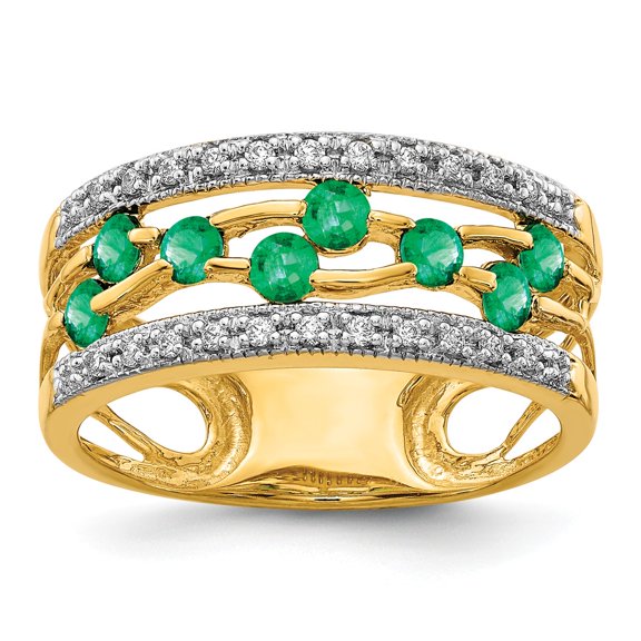14K Yellow Gold Ring Band Gemstone Emerald Round Green Diamond